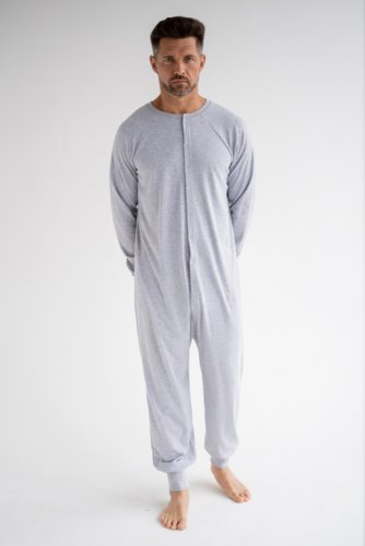 теплая пижама-комбинезон для взрослых  unisex из футера цвет серый меланж