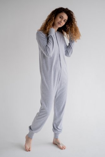 теплая пижама-комбинезон для взрослых  unisex из футера цвет серый меланж